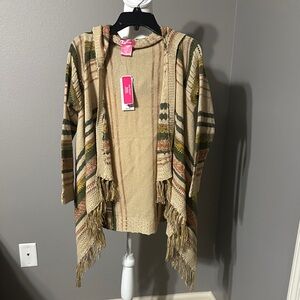 Say What? Beige Fringe Sweater with hood. Pet/smoke free home. NWT Size L (14)